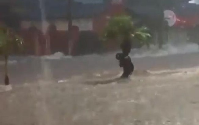 Homem agarra em árvore para não ser levado pela  enchente em Uberlândia MG