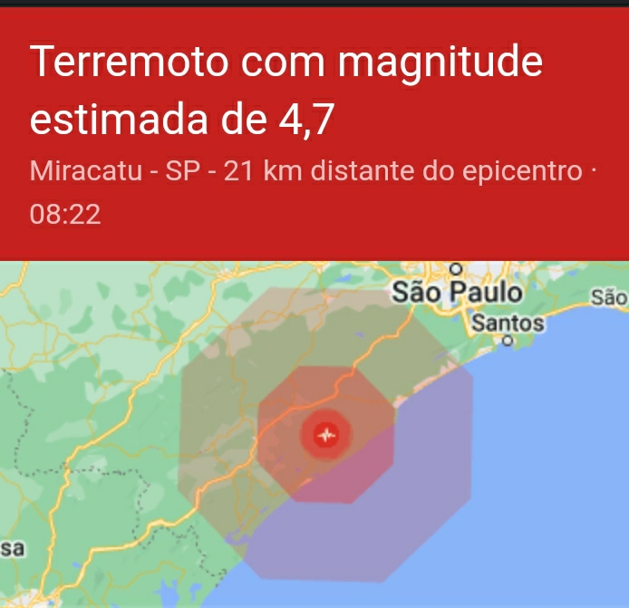 Terremoto de magnitude 4,7 é relatado pelo Google no interior de São Paulo