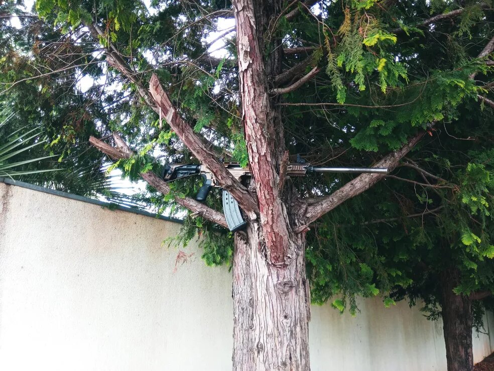 Arma de alto calibre é abandonada em árvore após ataque a empresa