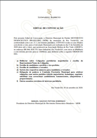 Edital de convocação da convenção do MDB de Rio Verde