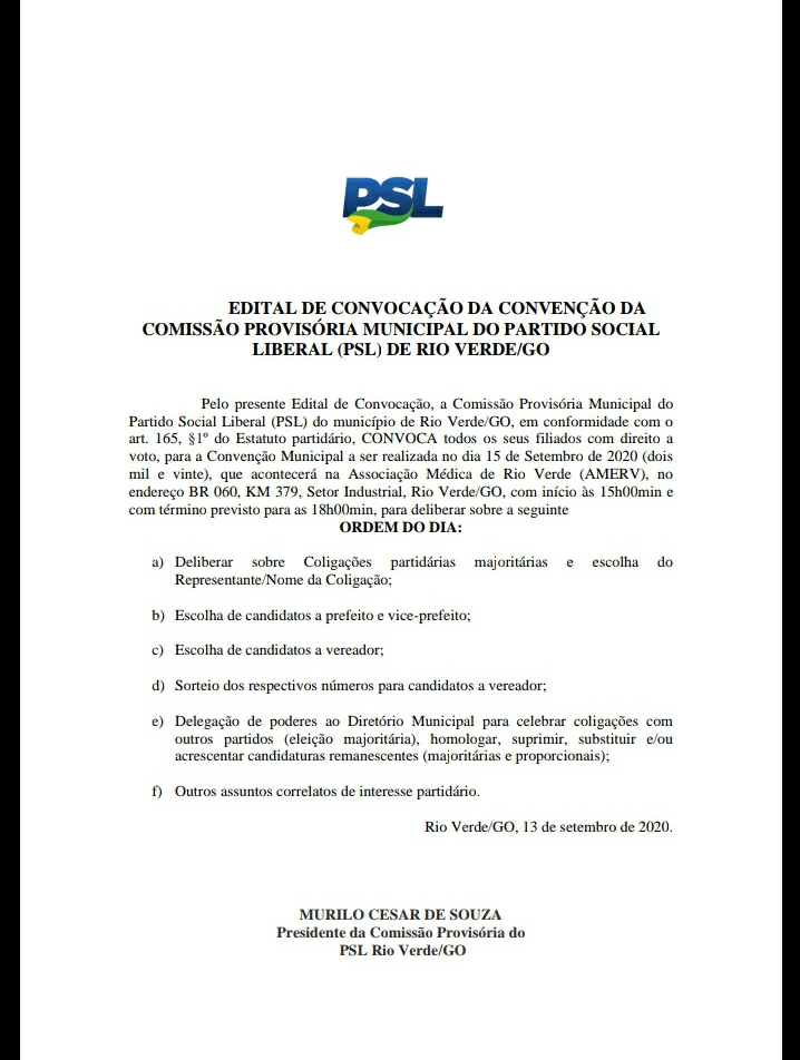 PSL de Rio Verde convoca  para convenção municipal