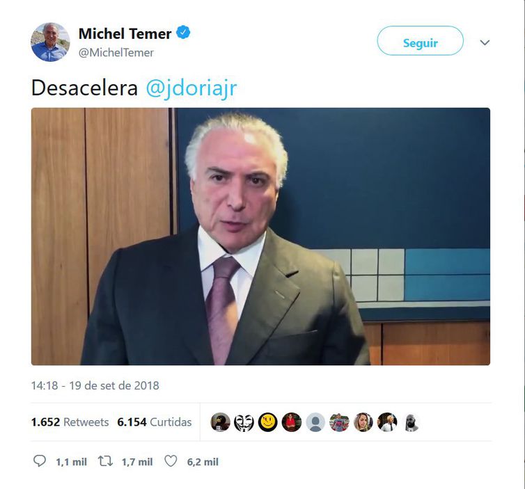 Temer divulga vídeo rebatendo críticas de João Dória ao seu governo
