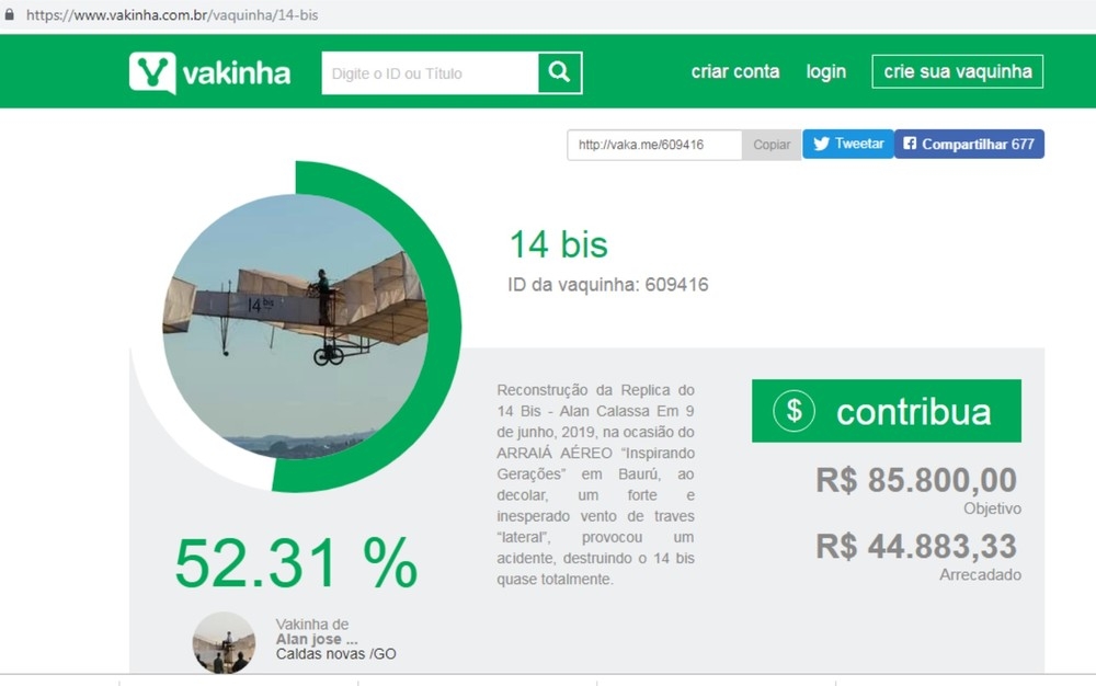 Vaquinha para reconstruir réplica do 14 bis é feita nas redes sociais