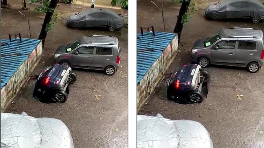 Carro é engolido por cratera e desaparece, na Índia