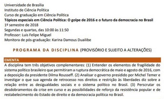 MPF é acionado pelo MEC se posicionando contra a disciplina da UnB sobre ‘golpe de 2016’