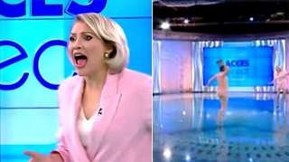 Mulher nua invade programa e atira tijolo contra apresentadora na Romênia