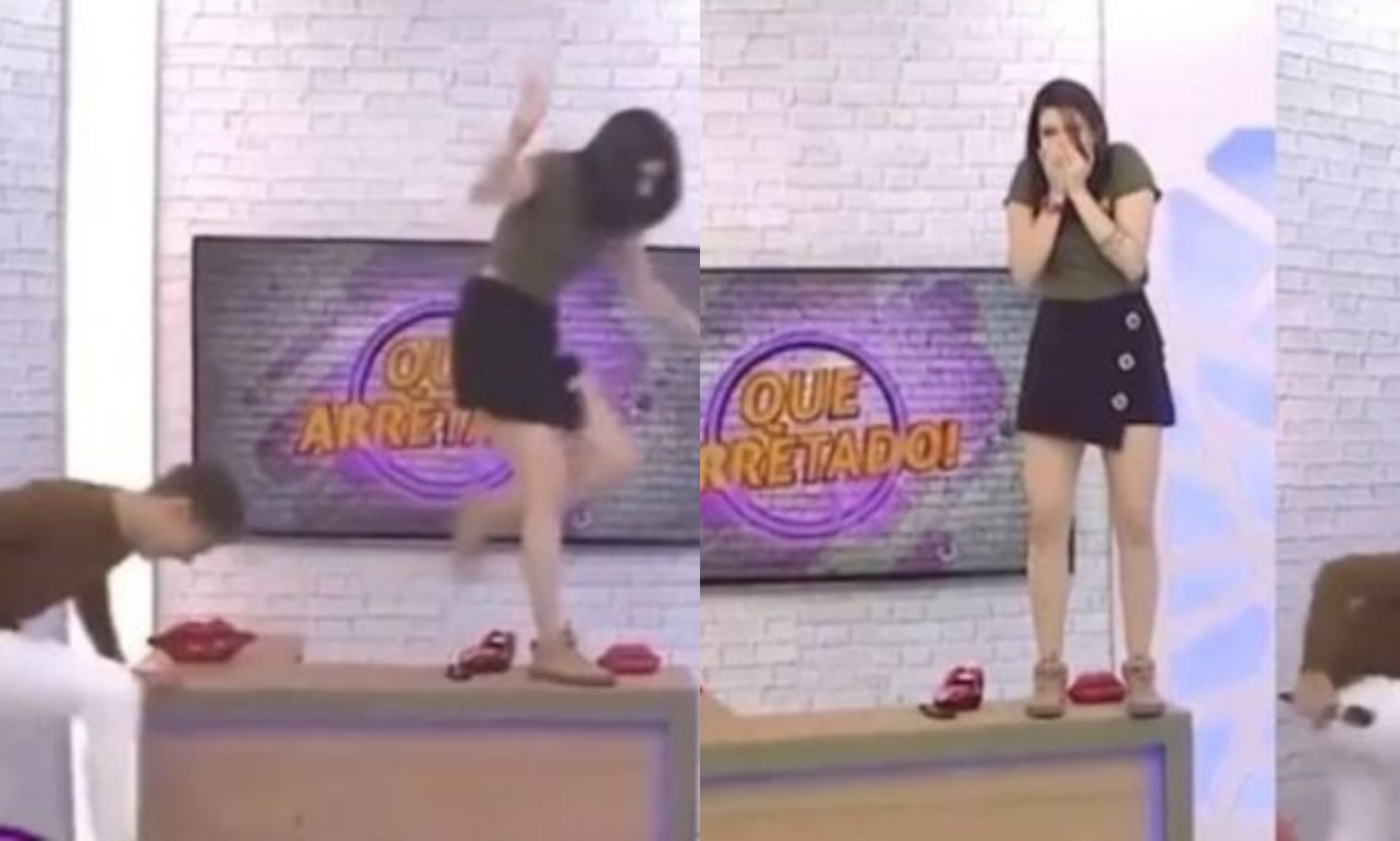 Baratas invadem estúdio e apresentadora sobe na bancada