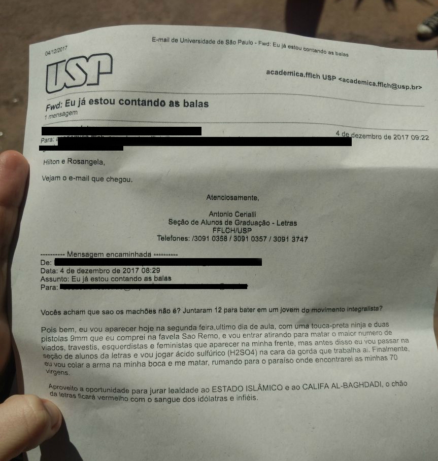 USP recebe carta de ameças de suposto ataque terrorista