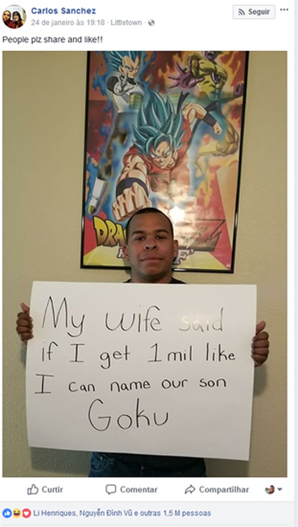 Pai consegue mais de 1 milhão de likes no Facebook para batizar seu quarto filho de Goku