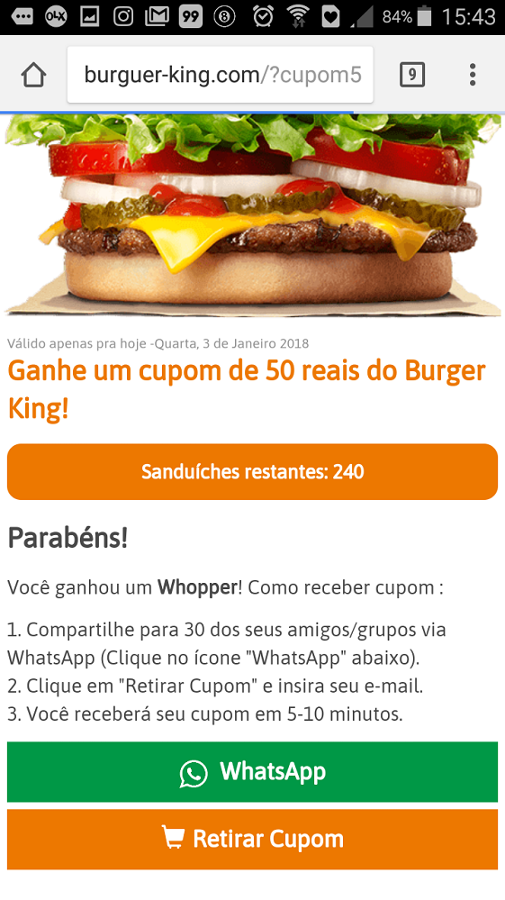 Novo golpe no WhatsApp oferece descontos no Burger King