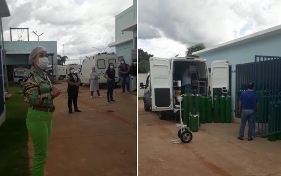 Emocionados, funcionários de hospital comemoram chegada de cilindros de oxigênio, em Bela Vista de Goiás