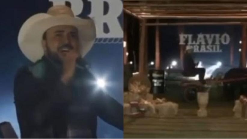 Cantor Flávio Brasil chega de charrete em live e cavalo o leva embora