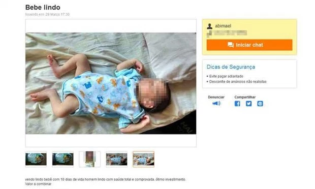 Anúncio que oferece bebê de dez dias em site de vendas causa indignação