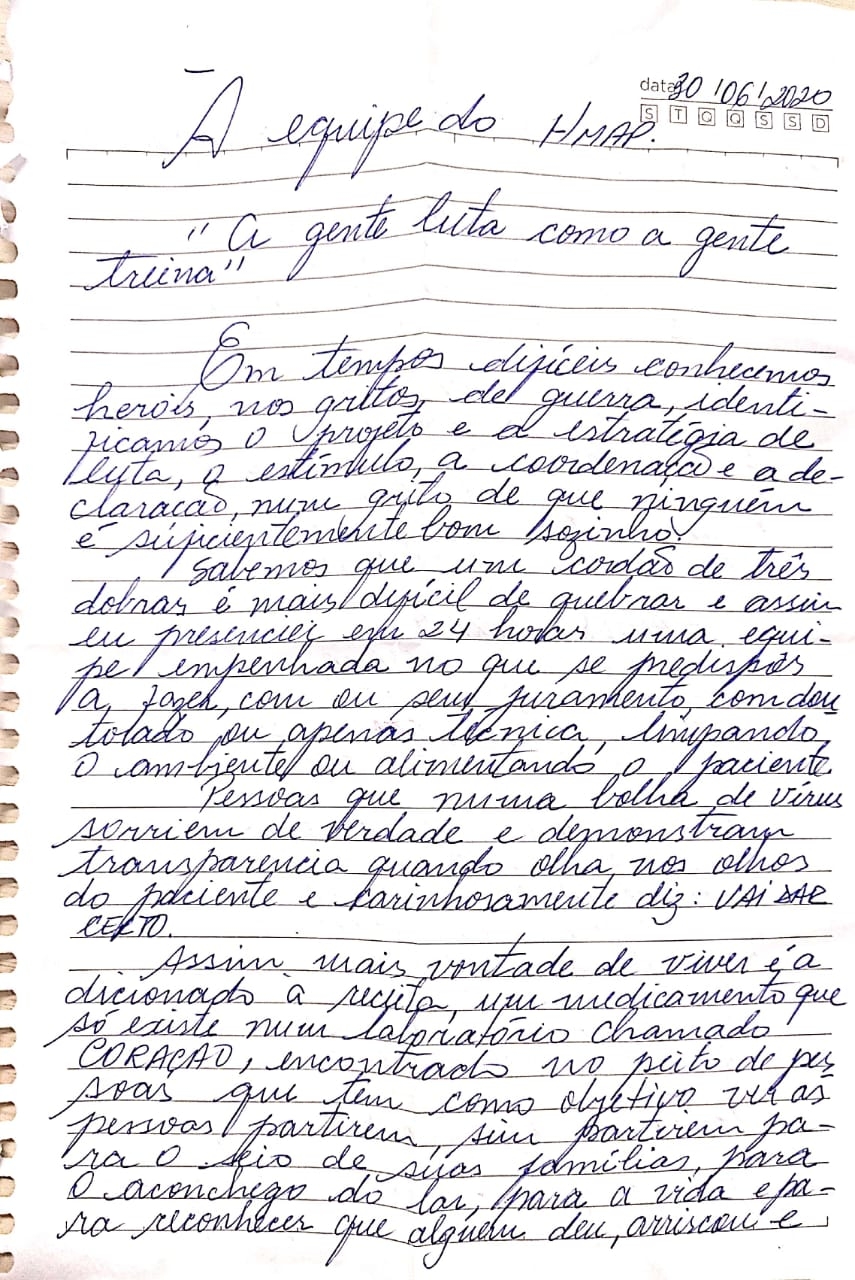 Em carta, familiar de paciente curado da Covid-19 agradece HMAP