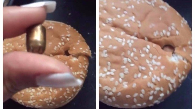 Mulher encontra bala perdida no pão ao preparar hambúrguer
