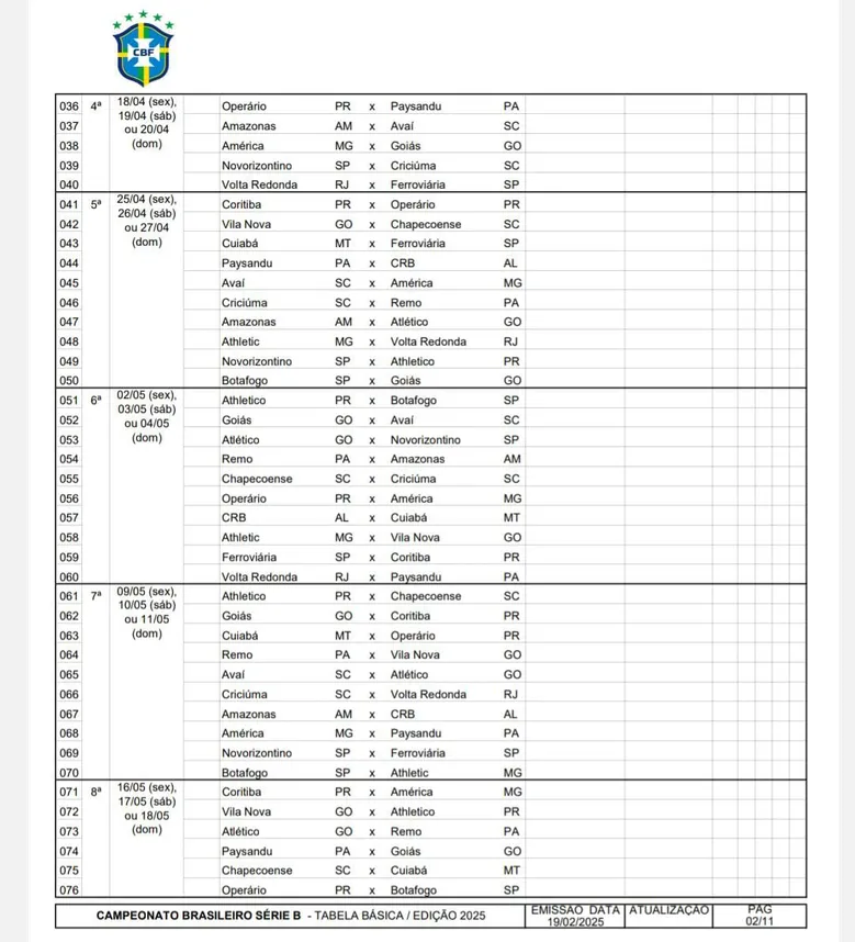 
		CBF divulga tabela básica do Brasileiro Série B 2025