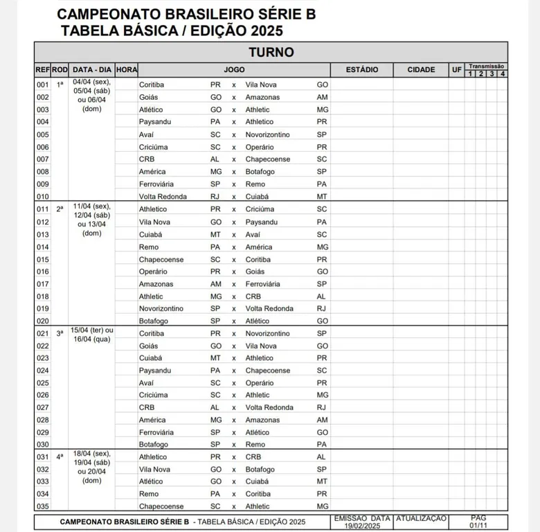 
		CBF divulga tabela básica do Brasileiro Série B 2025