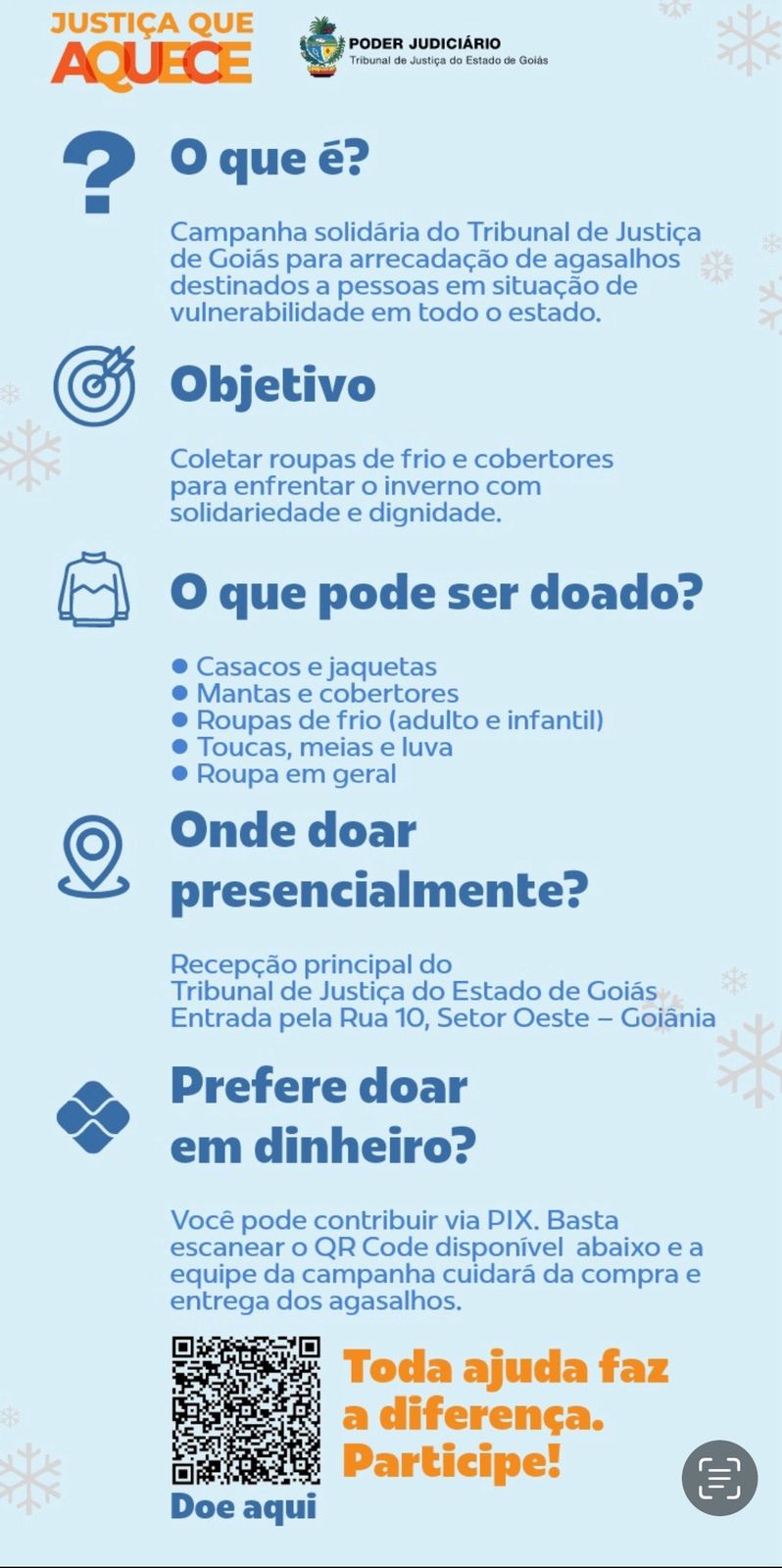 Justiça que Aquece: TJGO inicia campanha para arrecadação de agasalhos