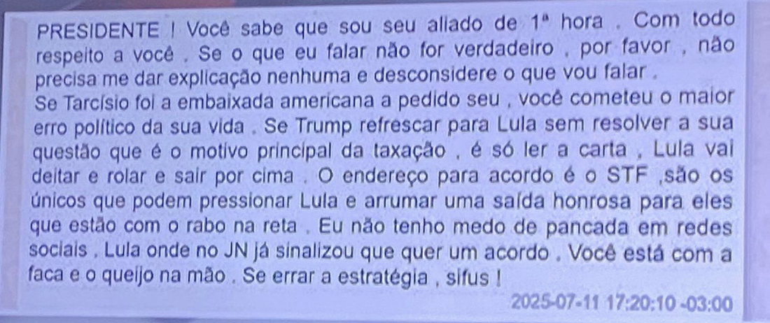 Malafaia alerta Bolsonaro sobre risco em negociações com EUA em mensagem vazada
