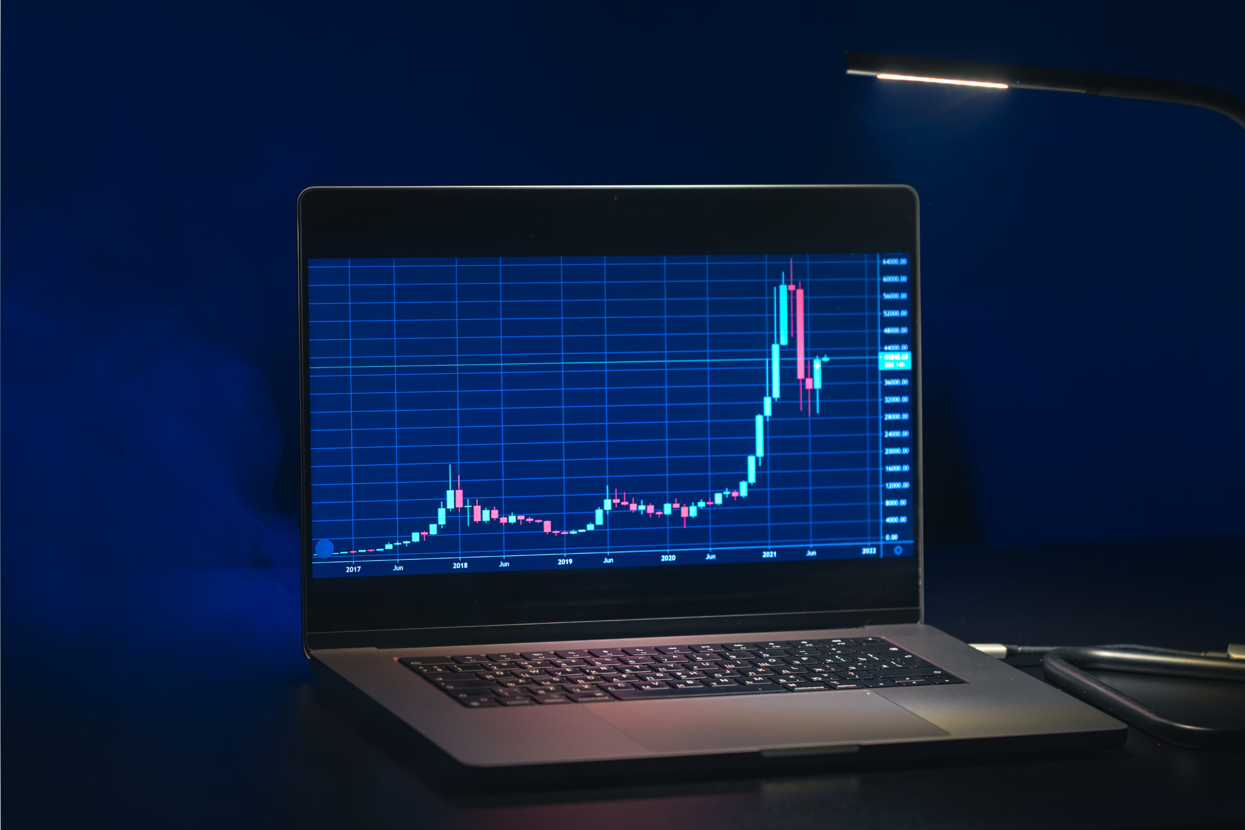 Trading stock. Stock market. Business graph. Trading investment. Broker. Stock exchange market. High quality photo. Trading investments on laptop screen in the dark.