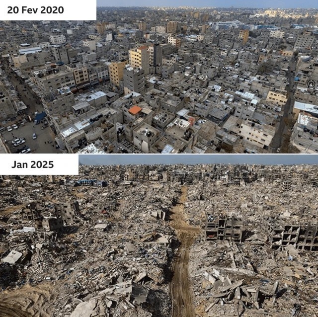 Acima, fevereiro de 2020, ruas movimentadas e construções intactas. Abaixo, janeiro de 2025, destruição total após os ataques na Faixa de Gaza | Foto: Instagran/m_shebrawy