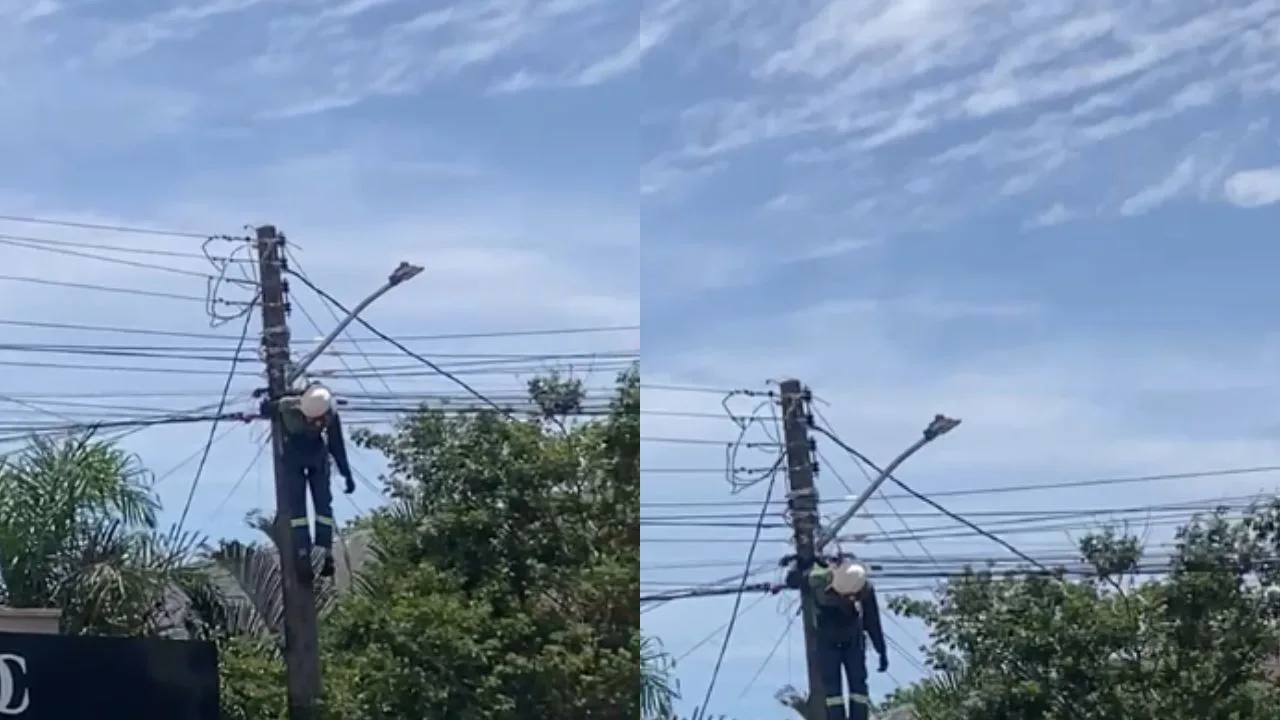 Homem fica pendurado em poste após levar descarga elétrica em Aparecida de Goiânia