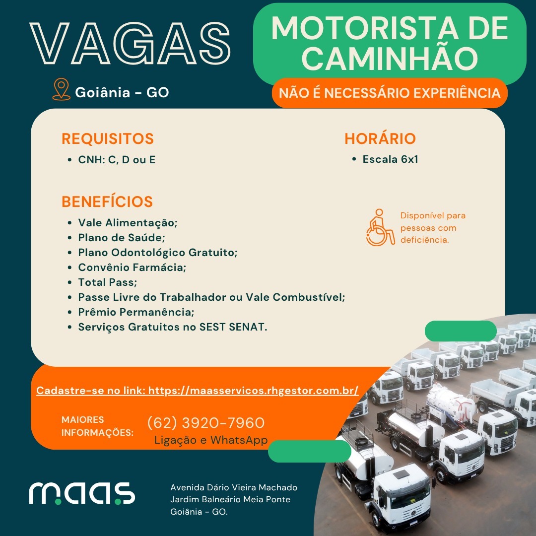 Mais de 200 vagas abertas para motoristas de caminhão em Goiânia