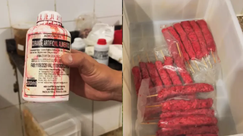 Fábrica de espetinhos usava corante para alterar cor da carne em Aparecida