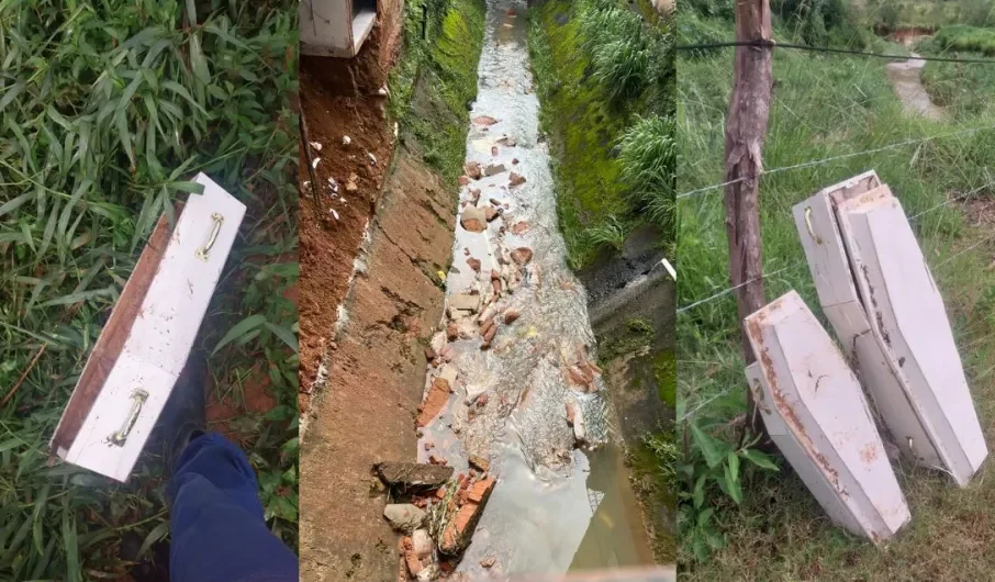 Chuva derruba muro de funerária e caixões caem em córrego em Bicas (MG). Veja o vídeo