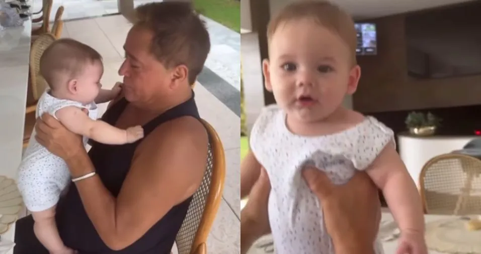 Leonardo visita mansão de Zé Felipe e ganha beijinhos do neto em Goiânia