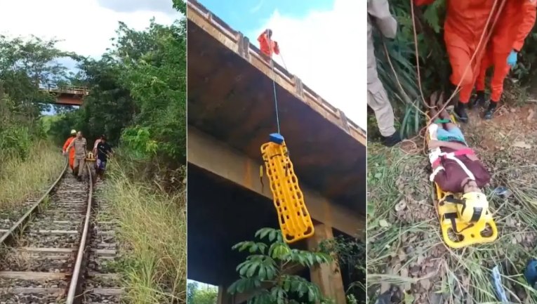 Homem cai de ponte sobre linha férrea e é resgatado minutos antes da passagem de trem