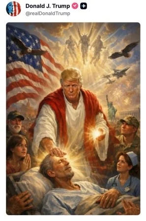 Ilustração mostra Donald Trump vestido com túnica vermelha e branca, com a mão sobre a cabeça de uma pessoa como se estivesse realizando uma cura, enquanto ao fundo aparecem soldados como anjos no céu, aviões de guerra, águias, a bandeira dos Estados Unidos, a Estátua da Liberdade, uma criança rezando e uma enfermeira