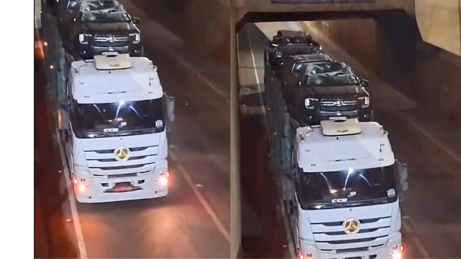 Carreta cegonha fica entalada em viaduto e destrói veículos em Goiânia
