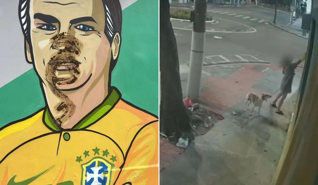 Mulher é filmada vandalizando imagem de Bolsonaro com cocô de cachorro em Vitória (ES)