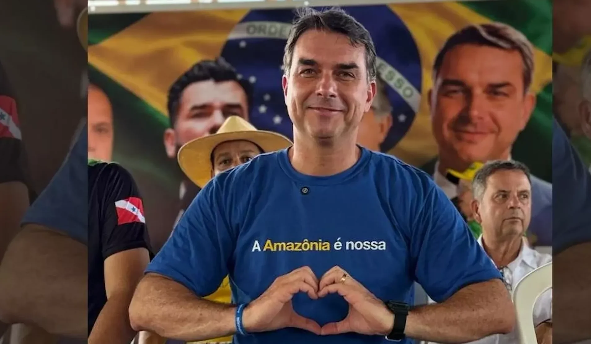 Em meio à polêmica das tarifas, Flávio Bolsonaro veste blusa "A Amazônia é nossa"