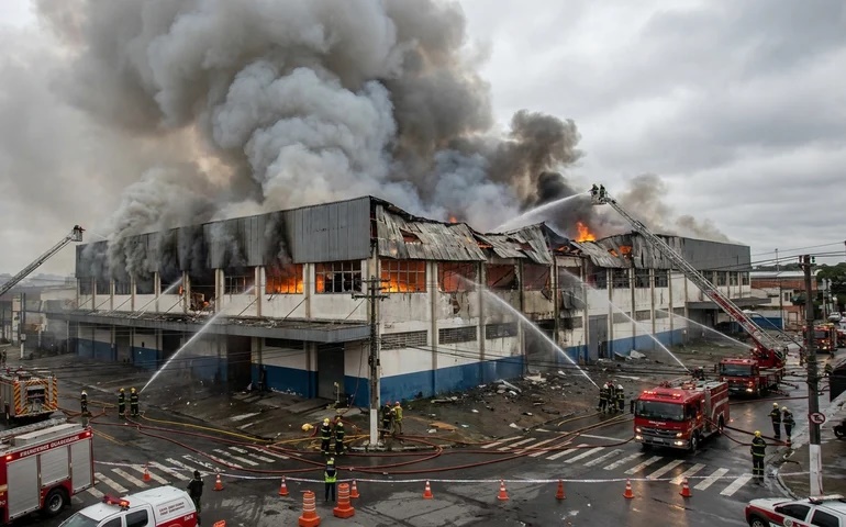 Grande incêndio em galpão de Guarulhos dura mais de 10 horas e mobiliza 38 bombeiros