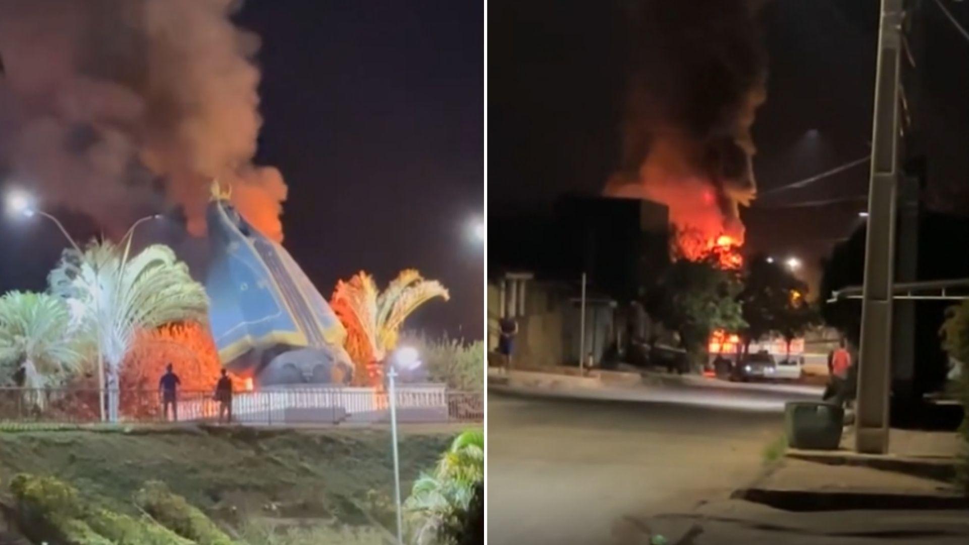 Incêndio atinge imagem de Nossa Senhora Aparecida na entrada de Nerópolis e causa comoção