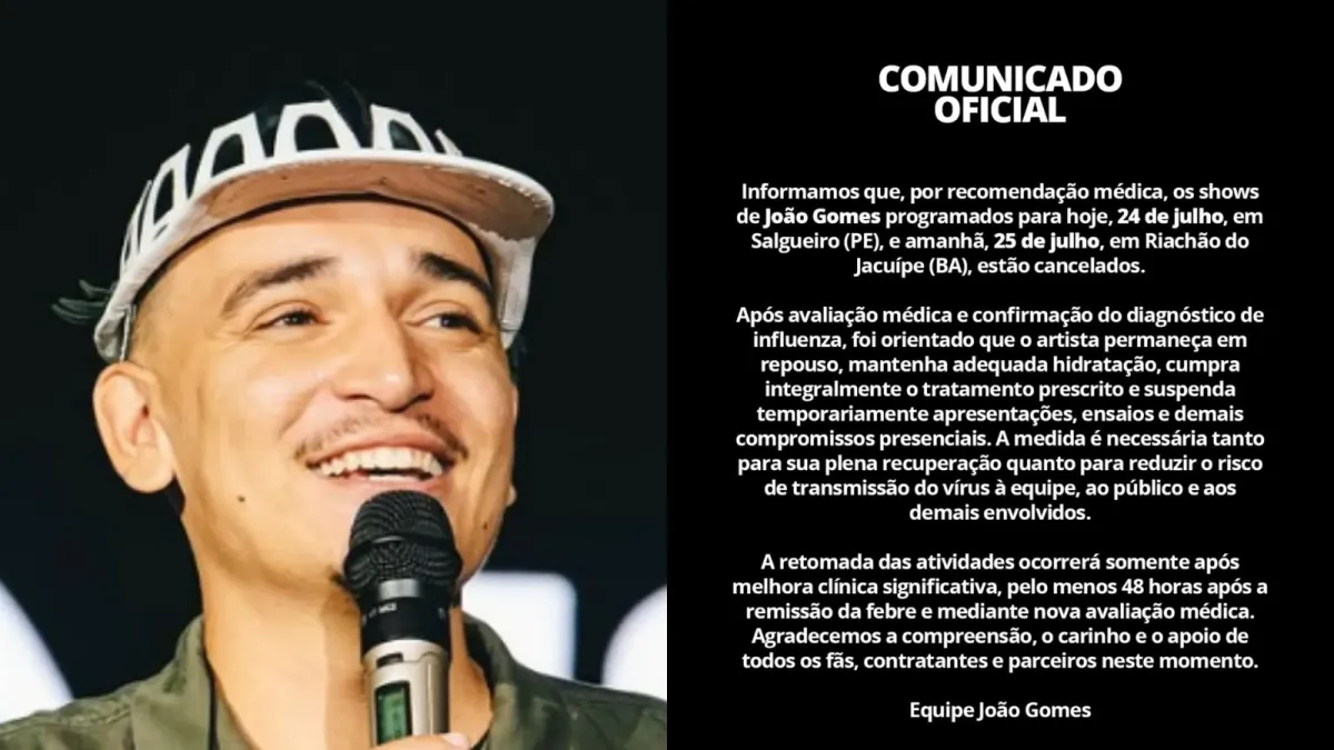 João Gomes é internado com influenza e cancela shows em Pernambuco