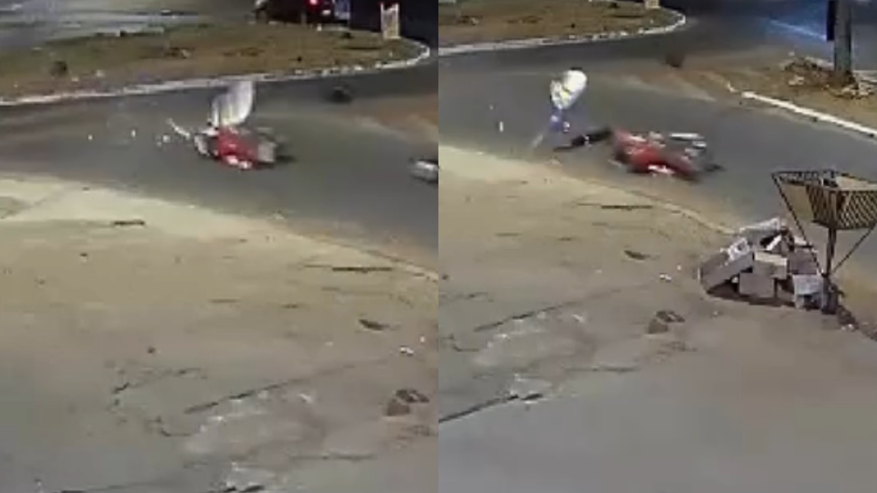 Veja momento do acidente na rotatória do Vera Cruz 2 que deixou motociclista ferido; assista ao vídeo