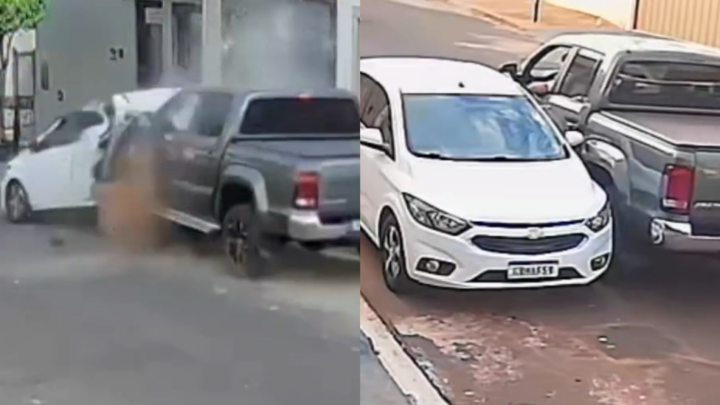 Vídeo: Caminhonete atinge carro estacionado após desacordo comercial
