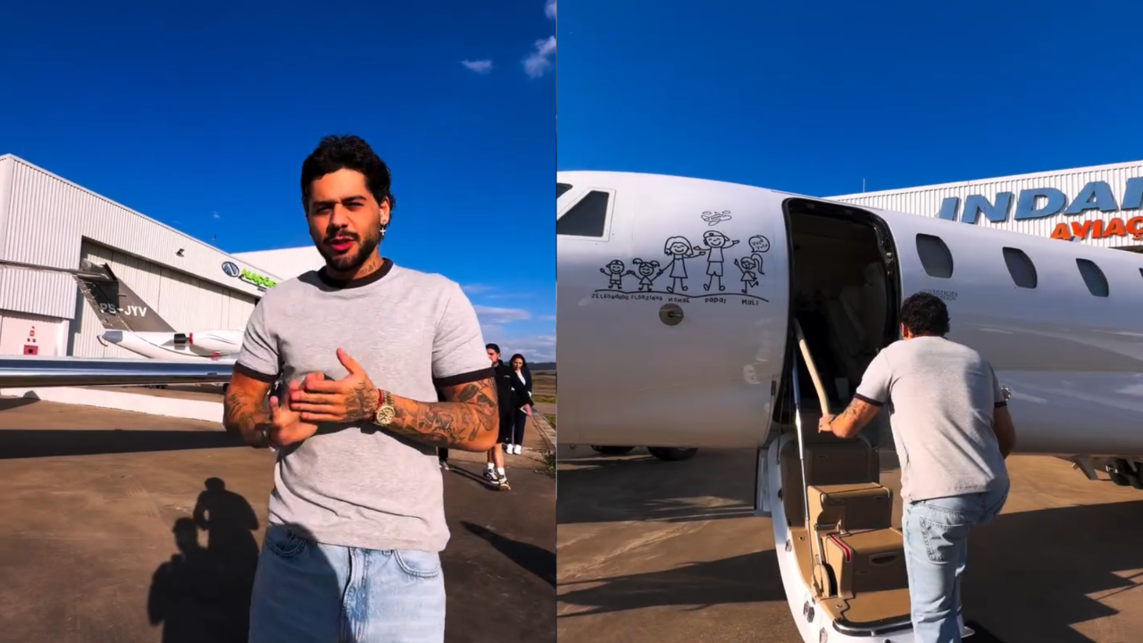 Zé Felipe mostra jatinho de R$ 35 milhões com adesivo de Virginia e dos filhos. Veja vídeo