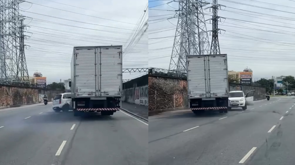 Vídeo: Caminhão empurra carro em viaduto no Rio após briga de trânsito