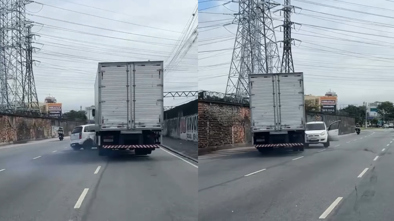 Vídeo: Caminhão empurra carro em viaduto no Rio após briga de trânsito