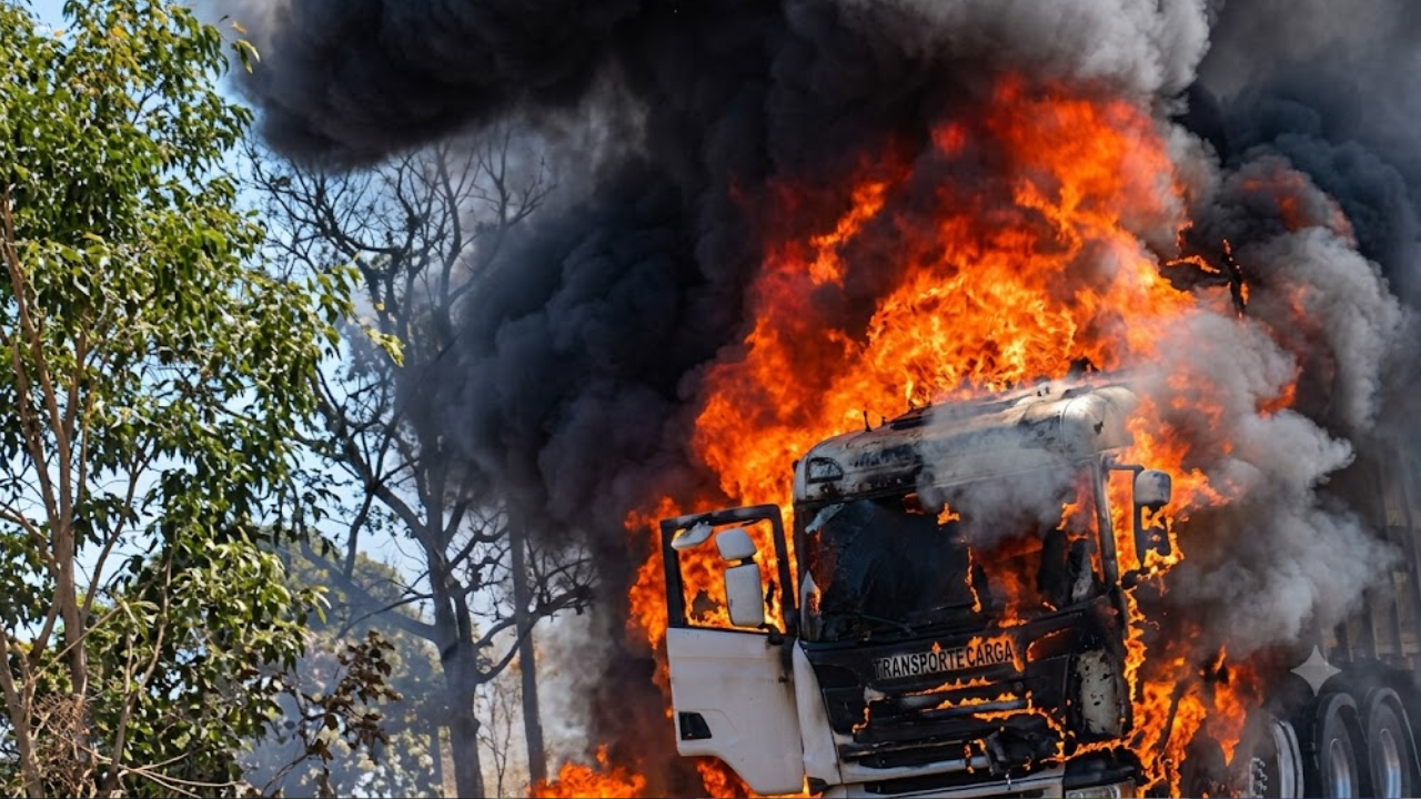 Carreta com 64 cabeças de gado pega fogo na GO-118, e motorista salva todos os animais; veja vídeo