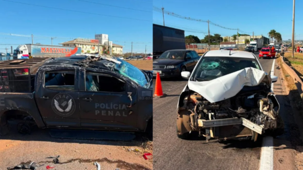 Viatura da Polícia Penal capota na BR-153 após colisão com Ford Ka em Goiânia