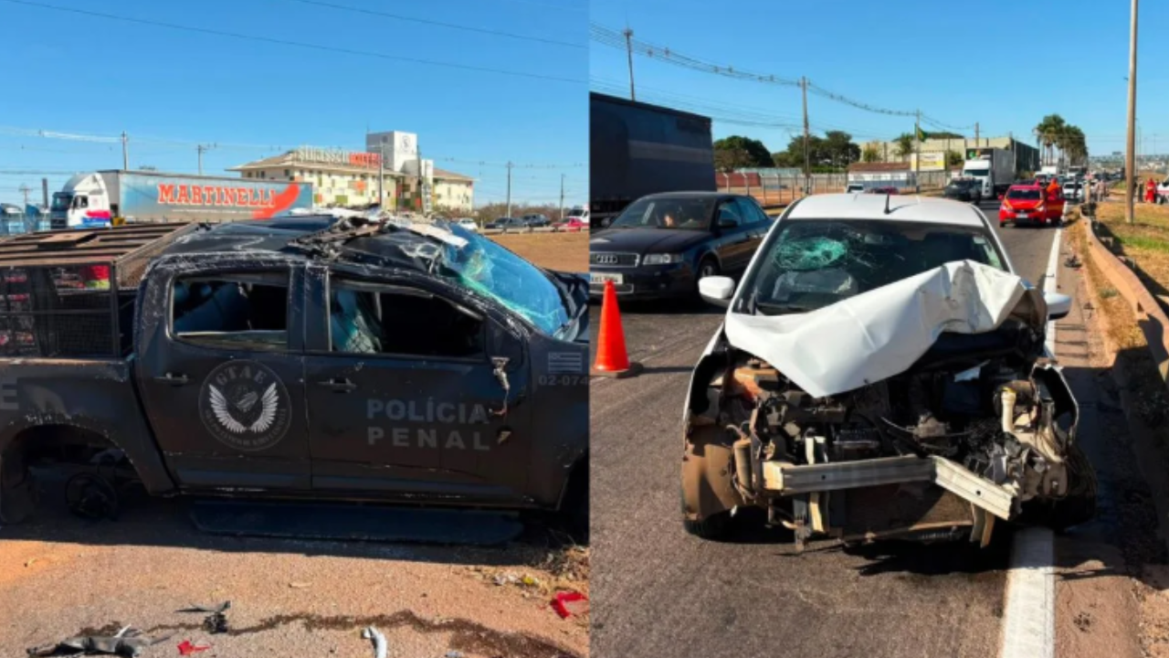 Viatura da Polícia Penal capota na BR-153 após colisão com Ford Ka em Goiânia