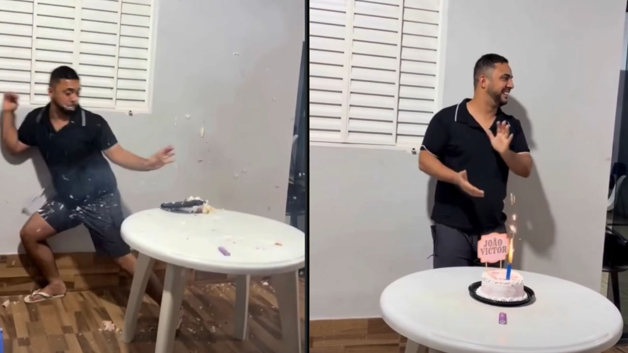 Bolo de aniversário vira armadilha e deixa jovem em choque diante de convidados; veja vídeo
