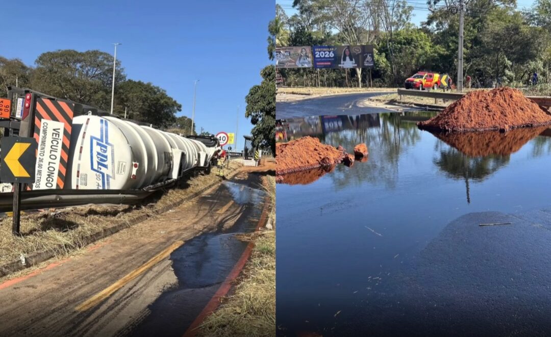 Biodiesel derramado mantém GO-403 interditada após carreta tombar em Senador Canedo (GO)