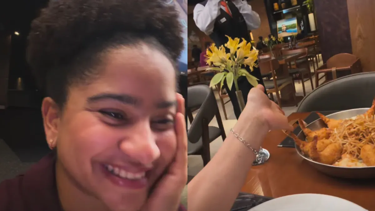 Tia Milena se emociona ao pagar pela primeira vez prato em restaurante