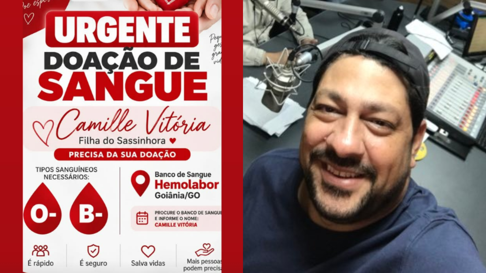 Radialista Luciano Sassinhora, da Terra FM, pede doação de sangue para filha em Goiânia